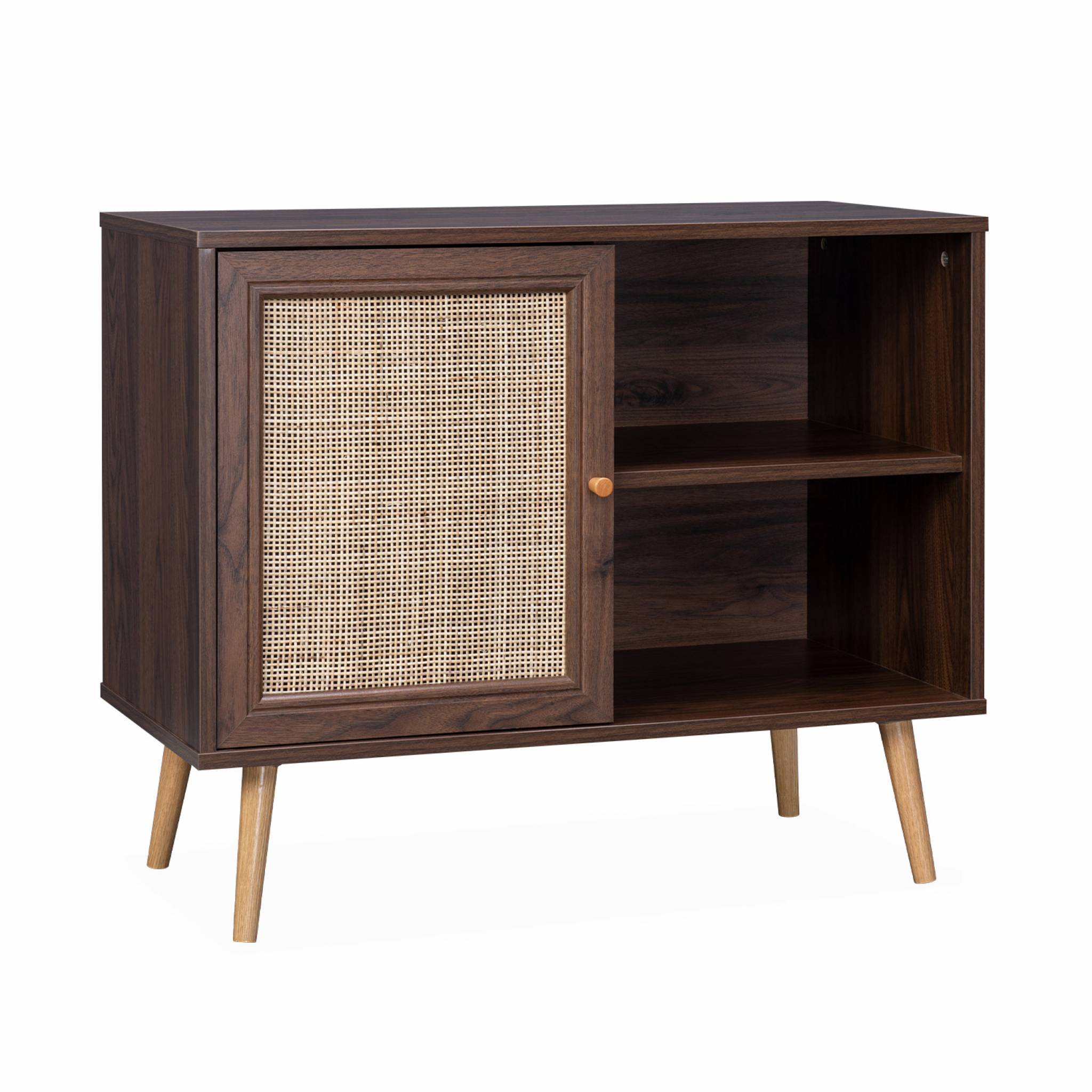 Meuble de rangement en cannage 80x39x65.8cm  Bohème - couleur bois foncé -  2 niveaux - 1 porte -  pieds scandinaves. buffet bas