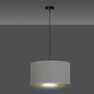 Lampada a sospensione Hilde con paralume in velluto grigio e interno oro