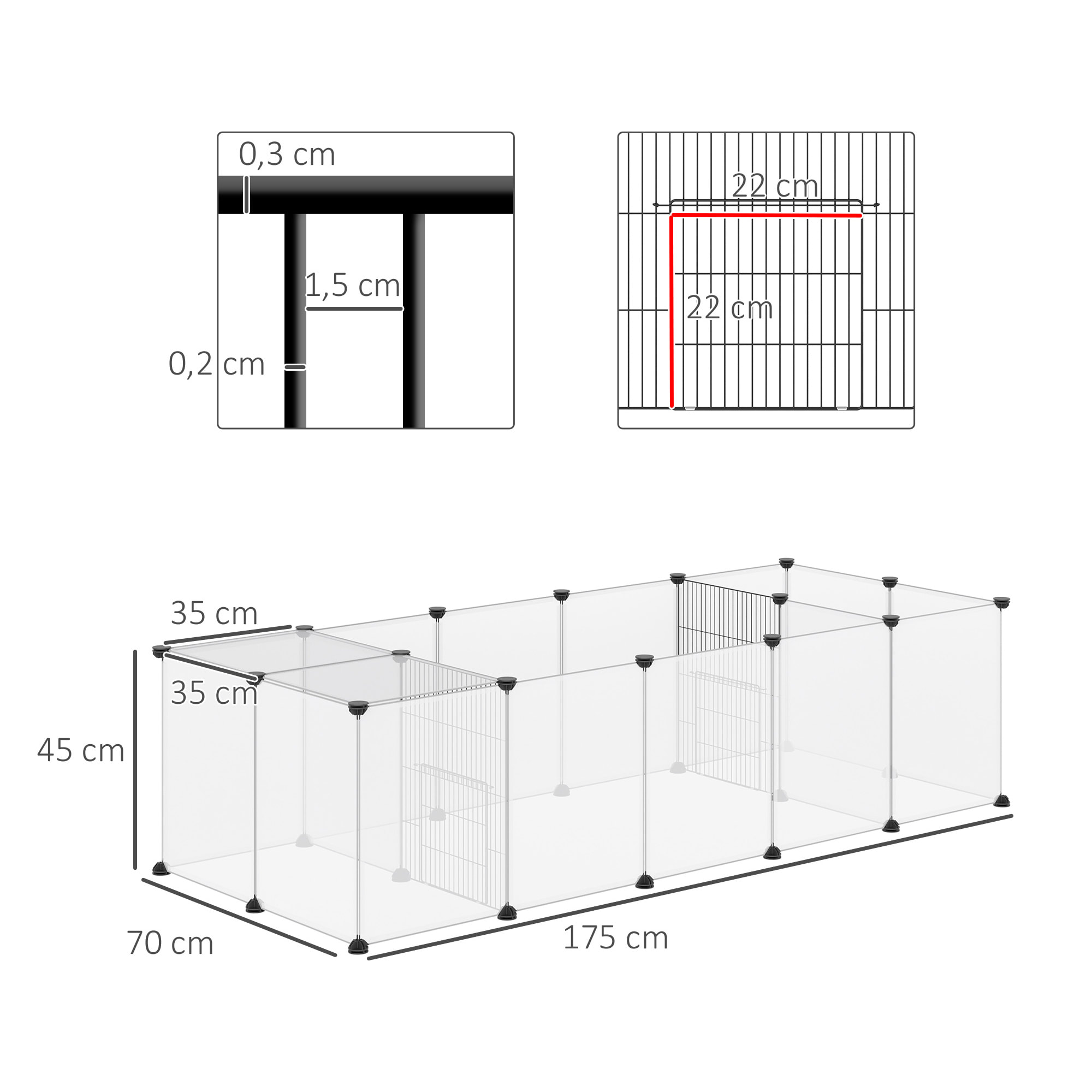 Valla para Mascotas DIY con 20 Paneles de Resina Parque para Animales Pequeños Jaula Modular para Cobayas Conejos Chinchillas 175x70x45 cm Blanco