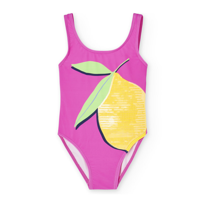 Bañador niña estampado, lentejuelas, rosa fucsia
