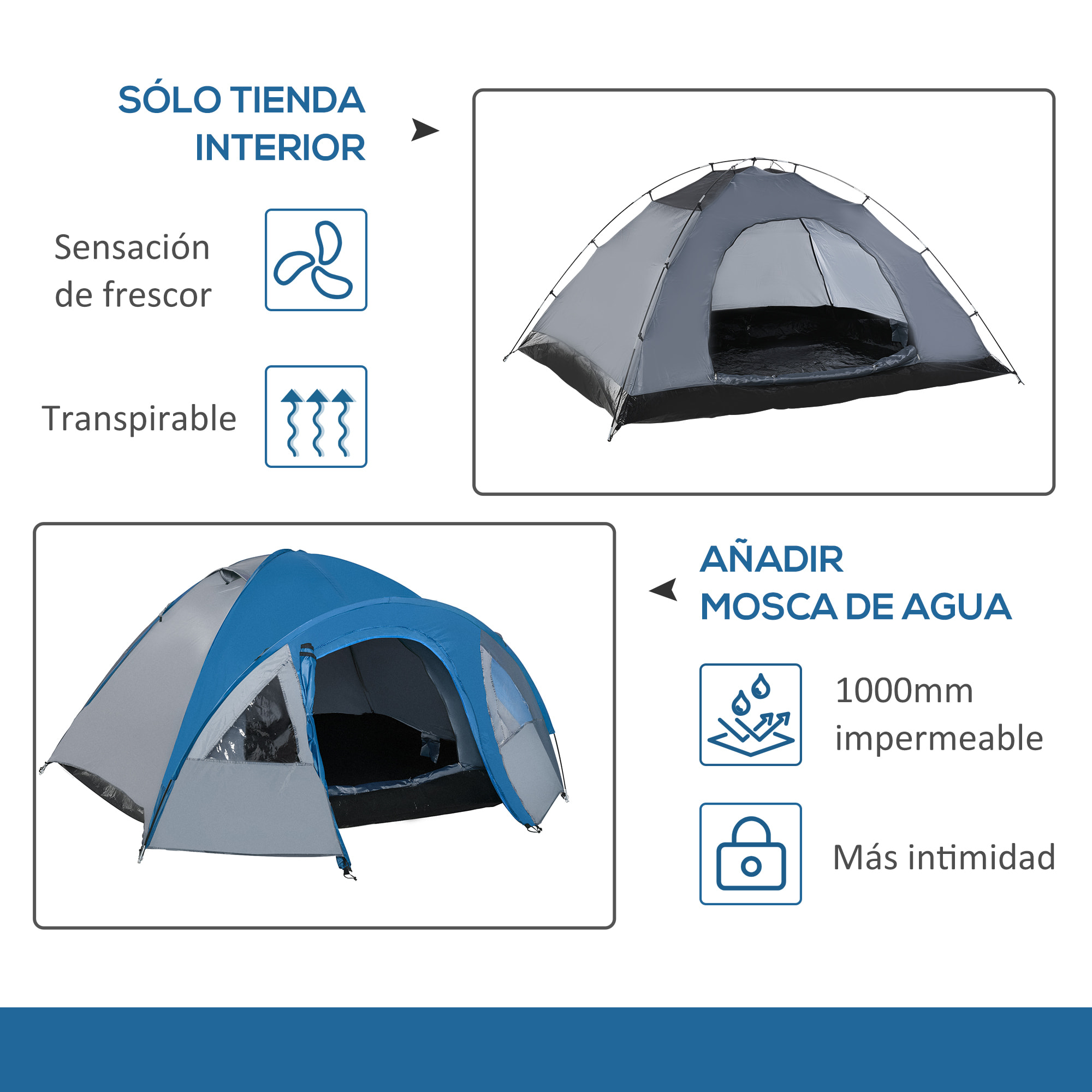 Tienda de Campaña para 3-4 Personas Tienda de Camping Doble Capa con Ventanas 2 Bolsillos y Bolsa de Transporte 250x300x130 cm Gris y Azul