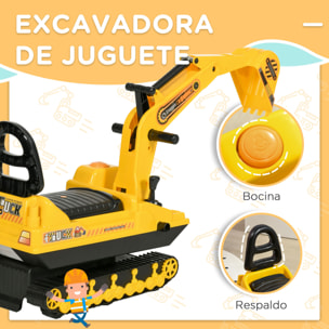 Excavadora sin Pedales para Niños de +3 Años Excavadora Correpasillos Camión de Construcción con Asiento de Almacenamiento Pala Delantera y Bocina Carga 30 kg 78x24x58,5 cm Amarillo