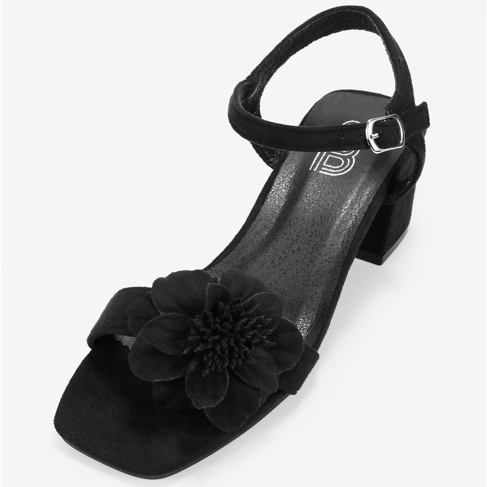 Sandalias de tacón negras con flor