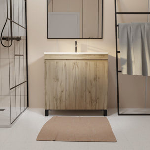 Meuble de salle de bains 60 cm TIMBER - Décor Chêne Naturel à portes avec Vasque céramique blanche