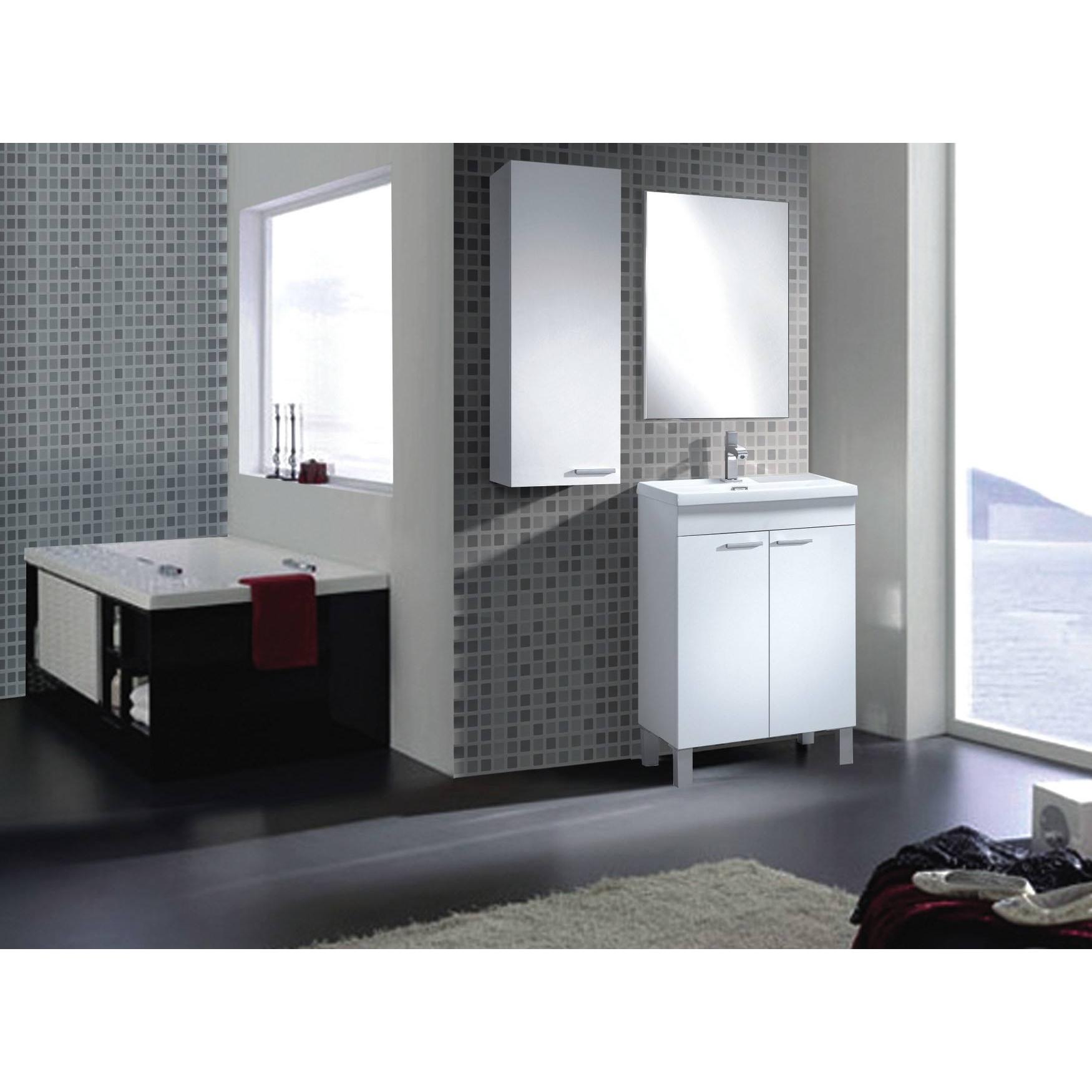 Colonna bagno Torrance, Mobile a colonna per bagno a 1 anta, Armadio pensile sospeso con 1 ripiano, cm 30x25h85, Bianco lucido