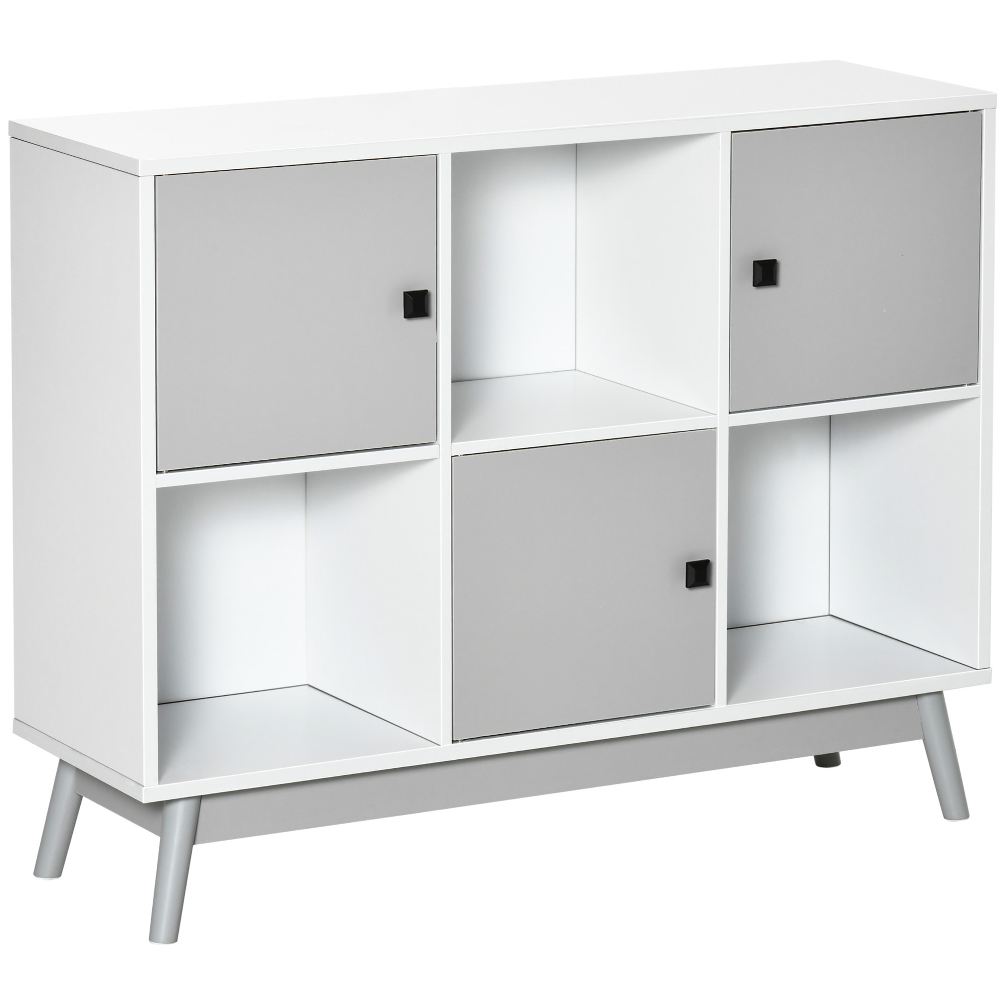 Bibliothèque meuble de rangement design scandinave 3 niches 3 portes panneaux particules blanc gris