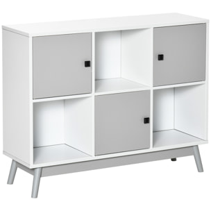 Bibliothèque meuble de rangement design scandinave 3 niches 3 portes panneaux particules blanc gris