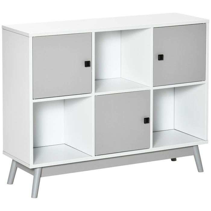 Bibliothèque meuble de rangement design scandinave 3 niches 3 portes panneaux particules blanc gris