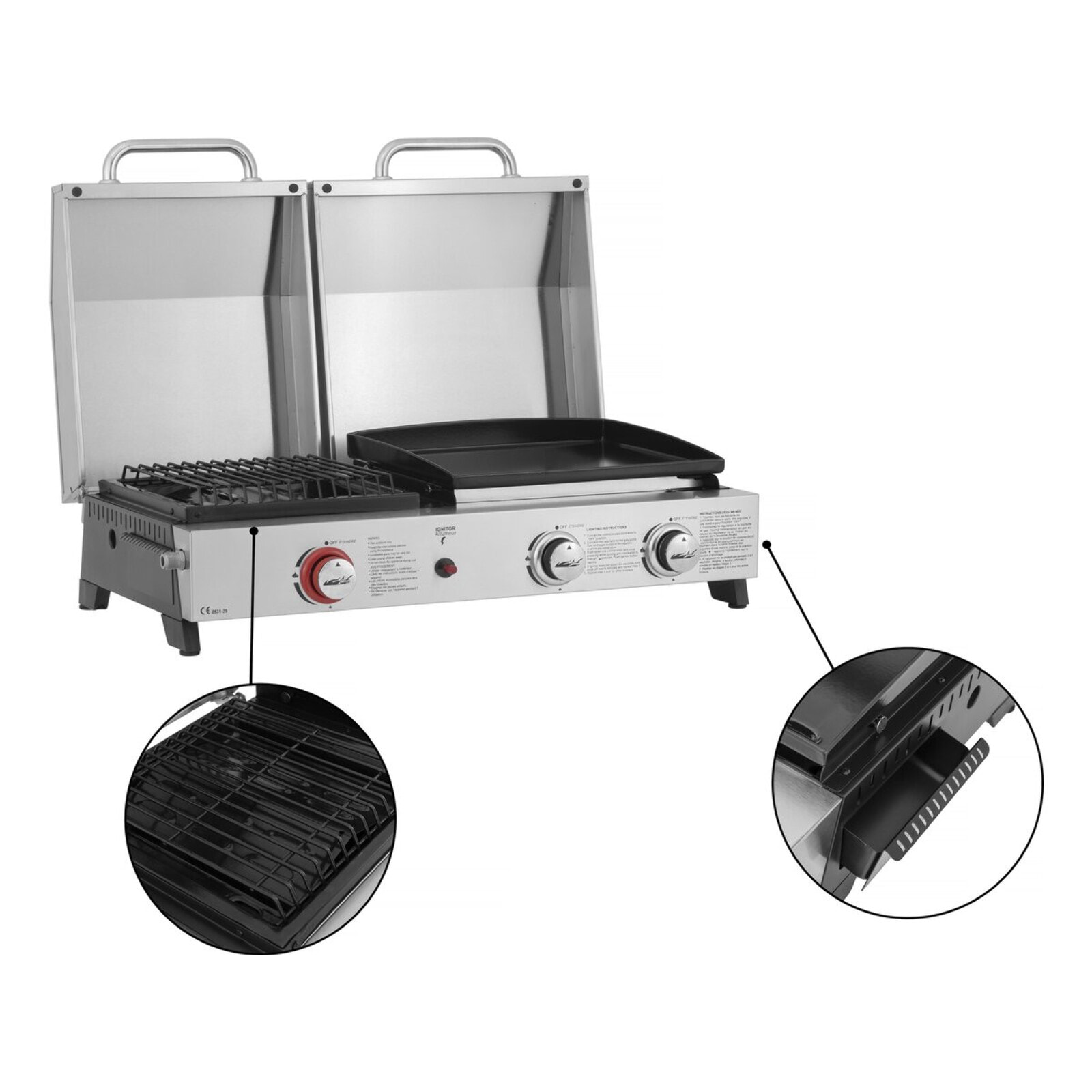 Plancha barbecue à gaz avec grille et plancha "Flamo" - 3 bruleurs - Gris