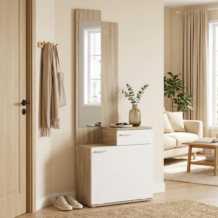 HOMCOM Recibidor de Entrada con Espejo y Zapatero Abatible, Mueble Recibidor de 2 Piezas con Asiento, Cajón, Mesa Pequeña para Pasillo, 61x30x170 cm, Blanco