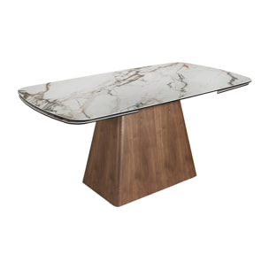 Mesa comedor extensible rectangular con tapa de mármol porcelánico en blanco con vetas marrones en acabado mate 180x100x78cm