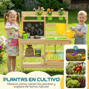 Cocina de Juguete Exterior, Cocinita Infantil de Madera con Macetas, Fregaderos, Grifo, Utensilios de Acero Inoxidable, Pizarra, Estantes, Ganchos, Juguetes para Niños 3-6 Años, Natural