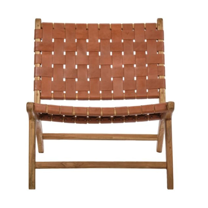 Chaise relax lounge en bois de teck et sangles croisées en cuir - PIOU