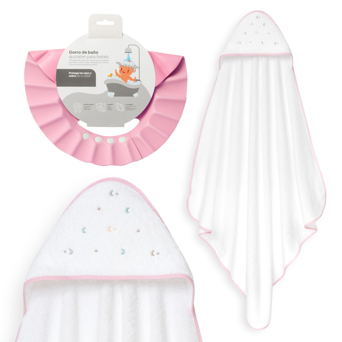 Capa Baño 1X1 Mod Estrella Luna Multicolor+Gorro Bco/Rosa
