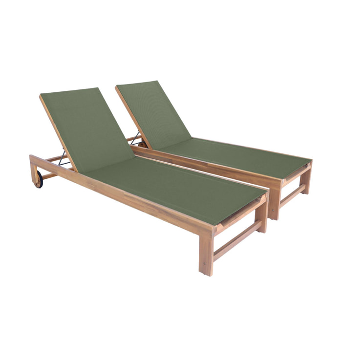 Lot de 2 bains de soleil en bois d'acacia et textilène kaki. multi positions avec roulettes
