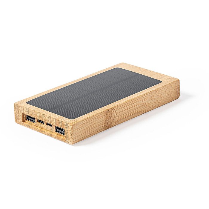 Power Bank nature bambú Qi 5W. 10000 mAh. Carga Solar. 2 Salidas USB y 1 Tipo C. Entrada Micro USB y Tipo C