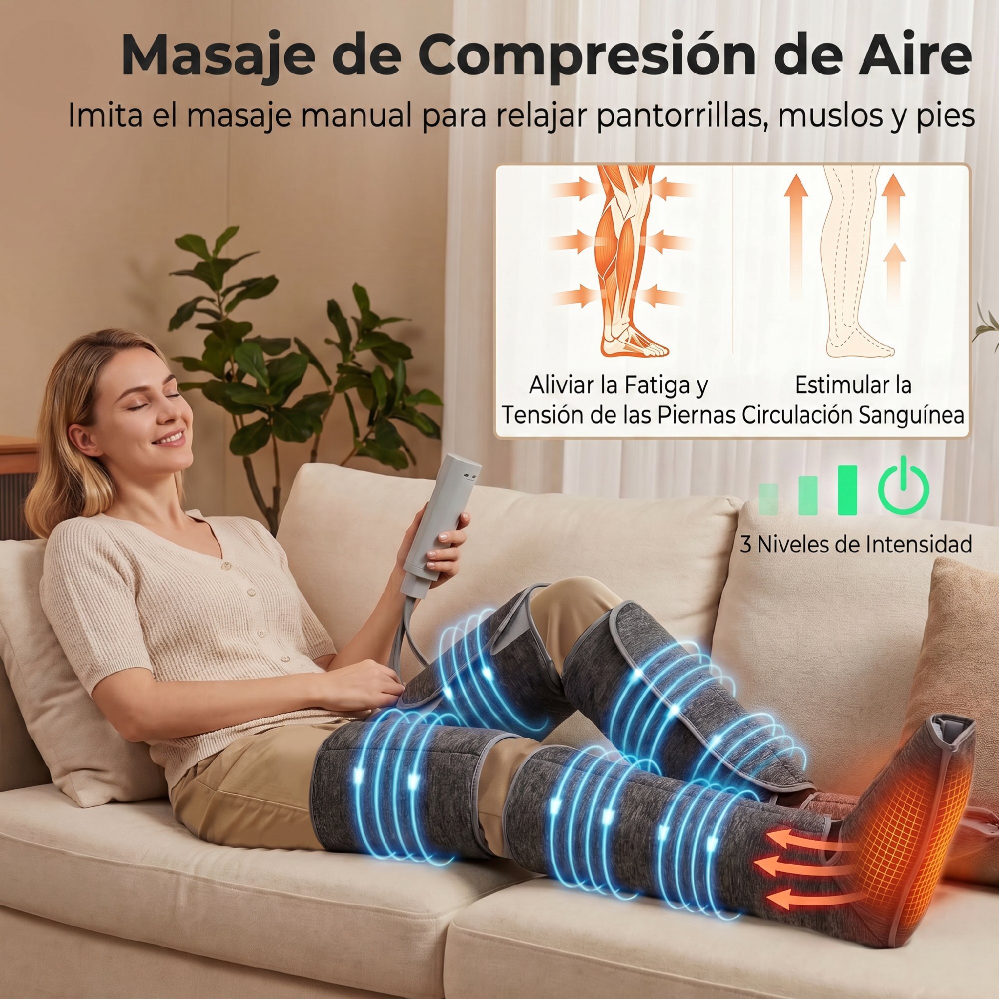 Masajeador de Piernas con Calor y Compresión de Aire, Presoterapia para Casa, 3 Modos, para Pantorrillas, Muslos y Pies, Alivio de la Fatiga para Mujer y Hombre