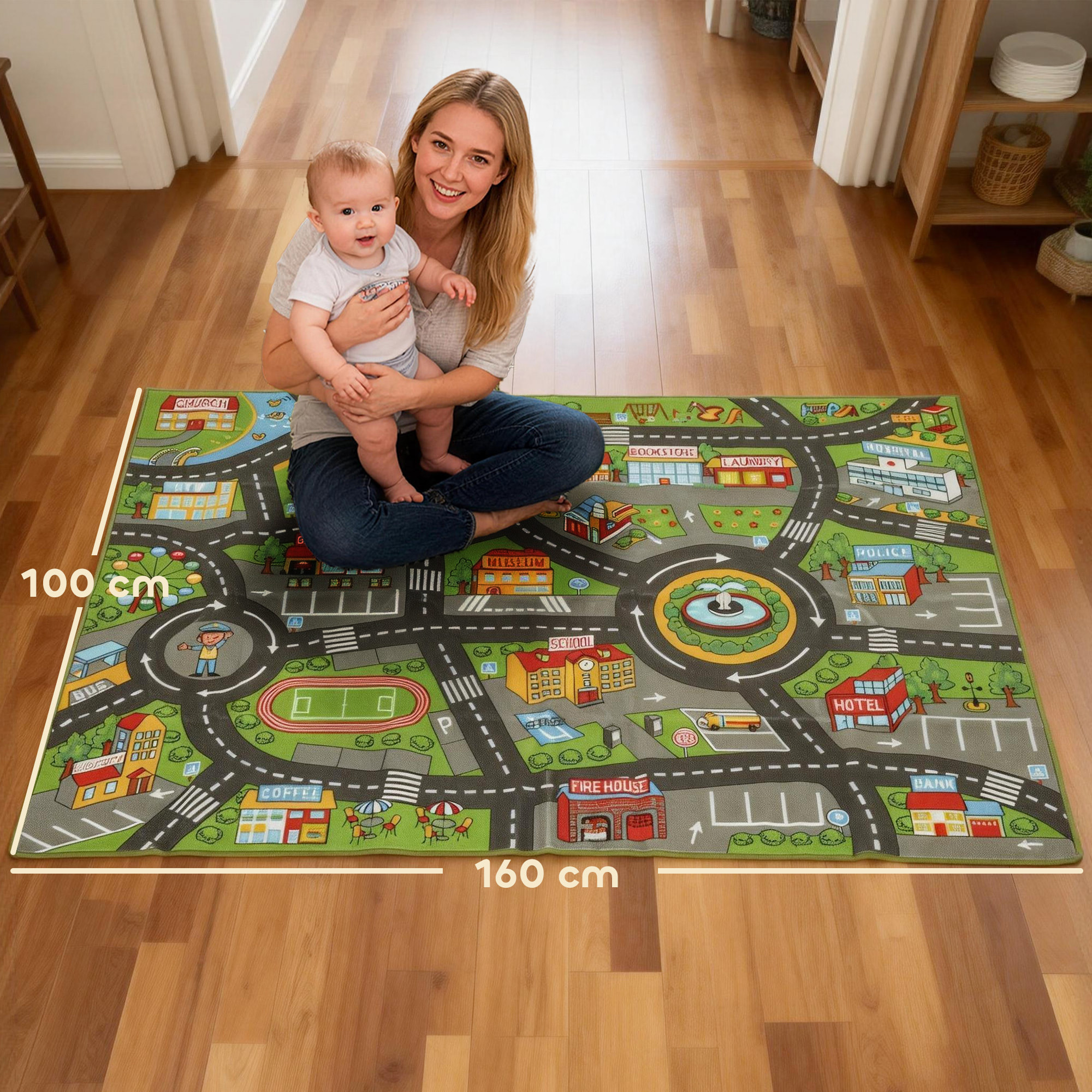 Alfombra Infantil, Carretera de Ciudad, 160x100 cm, Alfombra Educativa Antideslizante para Gateo y Jugar con Coches, para Salón y Dormitorio, Textura Suave
