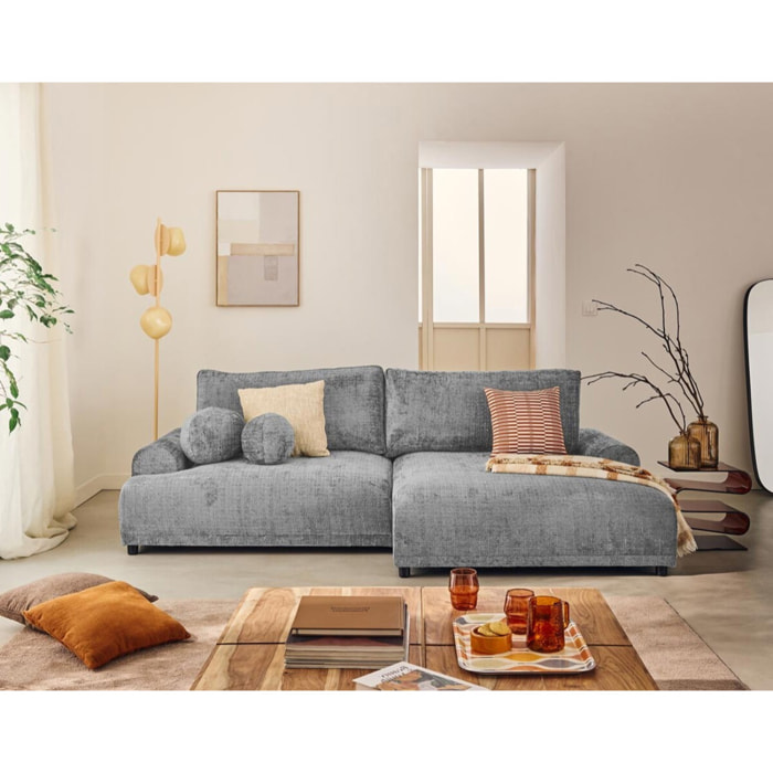 Nelly - canapé d'angle droit 4 places convertible avec coffre en velours texturé - Gris