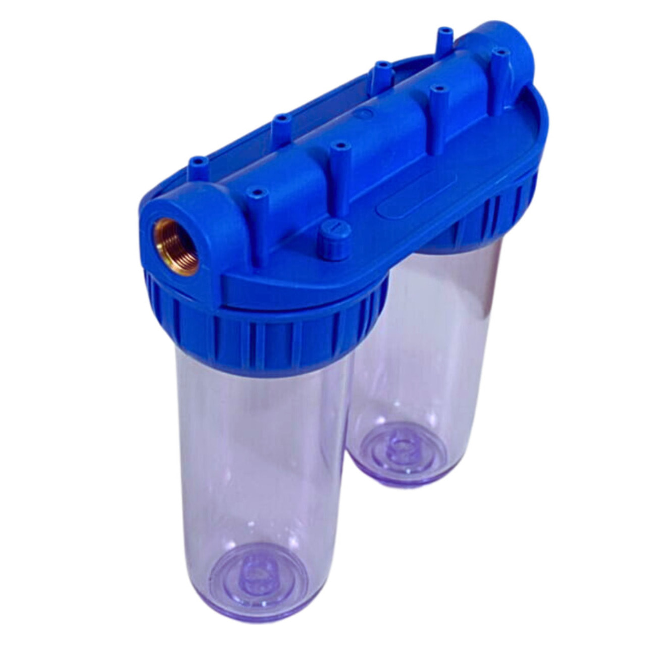 Double bol transparent pour filtres universels 10", prêt à raccorder 3/4" + 3 filtres + 3 filtres charbon actif (SATHF34DX6)