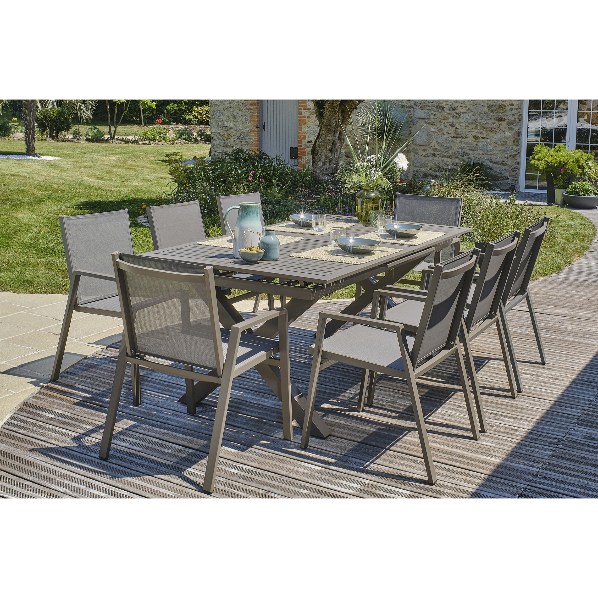 FLORIDE - Ensemble repas de jardin 8 places en aluminium quartz