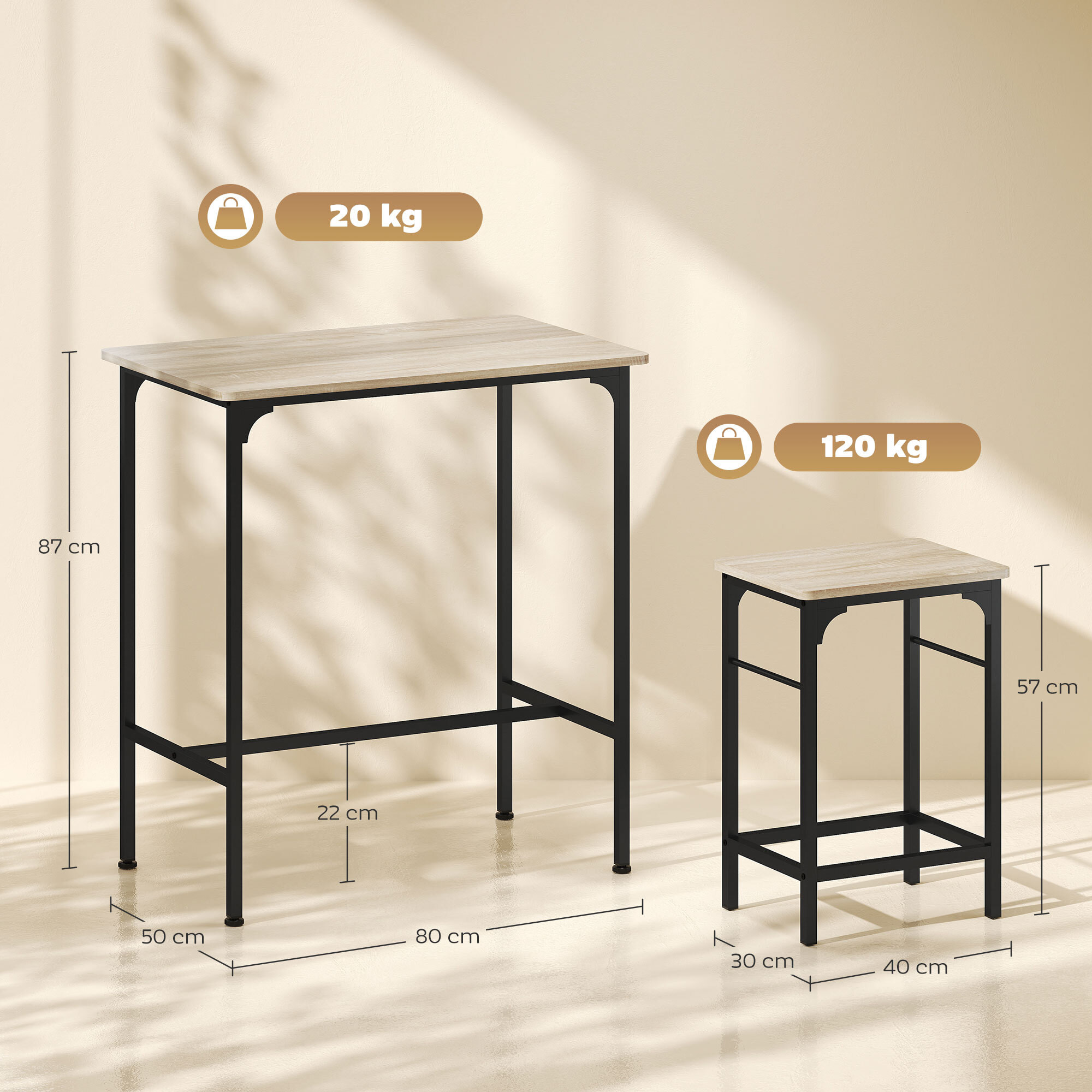 Ensemble table de bar avec 2 tabourets acier noir effet bois de chêne clair