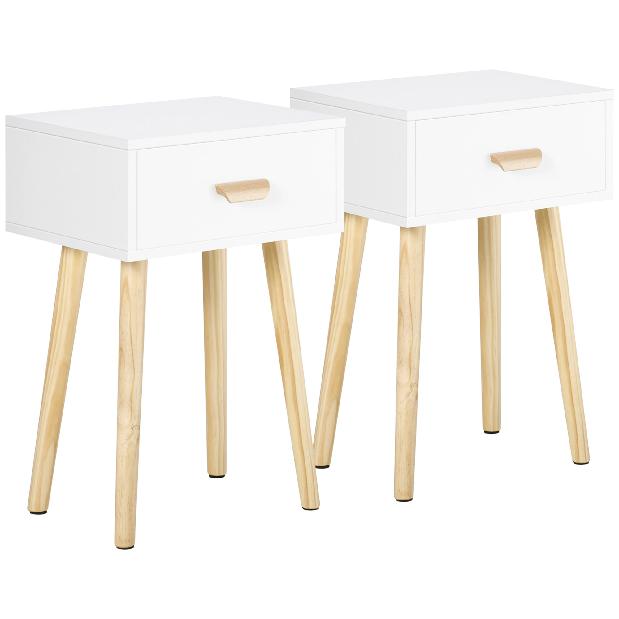 HOMCOM Juego de 2 Mesitas de Noche Mesillas de Noche con Cajón y Patas de Madera para Dormitorio Salón Cama Oficina Estilo Moderno 40,5x30,5x60 cm Blanco