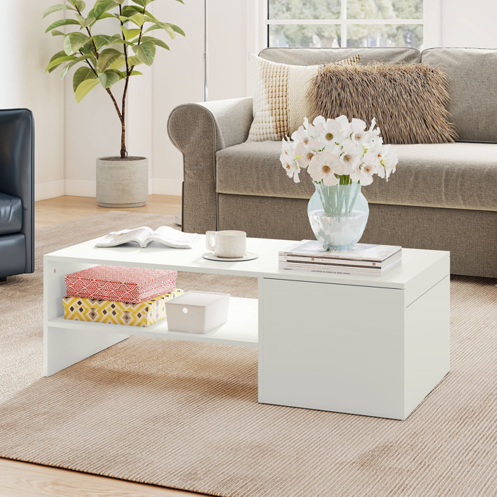 Mesa de Centro con Tablero Deslizante, Mesa baja para Salón Moderna con Compartimento Oculto, Estante Abierto, Mesa de Café para Comedor, Oficina, 110x52x36 cm, Blanco