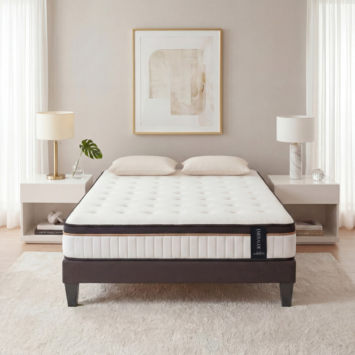Ensemble Matelas Émeraude & Sommier Kit Tissu, Mémoire de Forme & Air System, 24 cm, Accueil Moelleux, Soutien Ferme