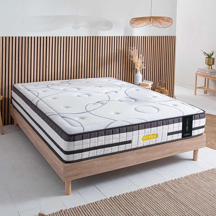 Ensemble Matelas Hybride Concorde & Sommier Bois, Ressorts Ensachés & Mémoire de Forme, 26 cm, Technologie Tri-lattes, Soutien Ferme