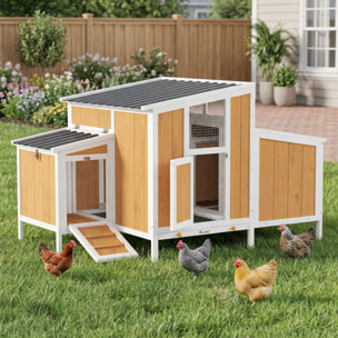 Gallinero para Exterior de Madera, 145x90x92 cm, para 2-4 Gallinas, Gallinero con Nido, Casa Lateral, Bandeja Extraíble, Techo Impermeable, Puertas con Cerradura, Perchas, Conejera, Amarillo