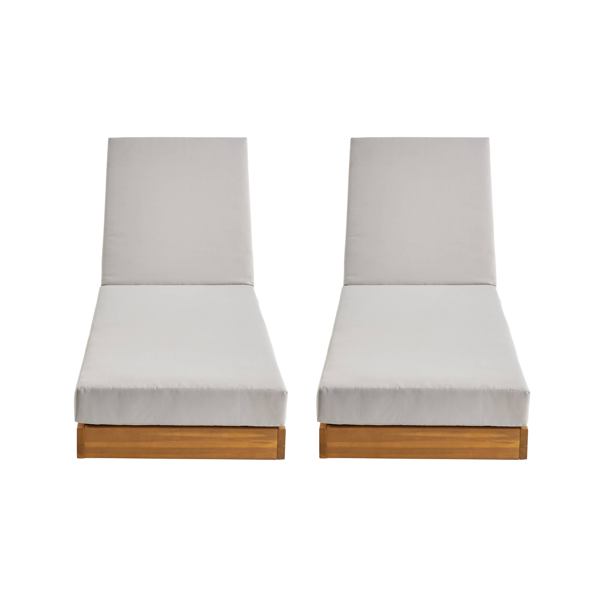 Lot de 2 bains de soleil beige DORINA en acacia et polyester. 3 positions. housse déhoussable. 198 x 62 x 12 cm