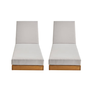 Lot de 2 bains de soleil beige DORINA en acacia et polyester. 3 positions. housse déhoussable. 198 x 62 x 12 cm