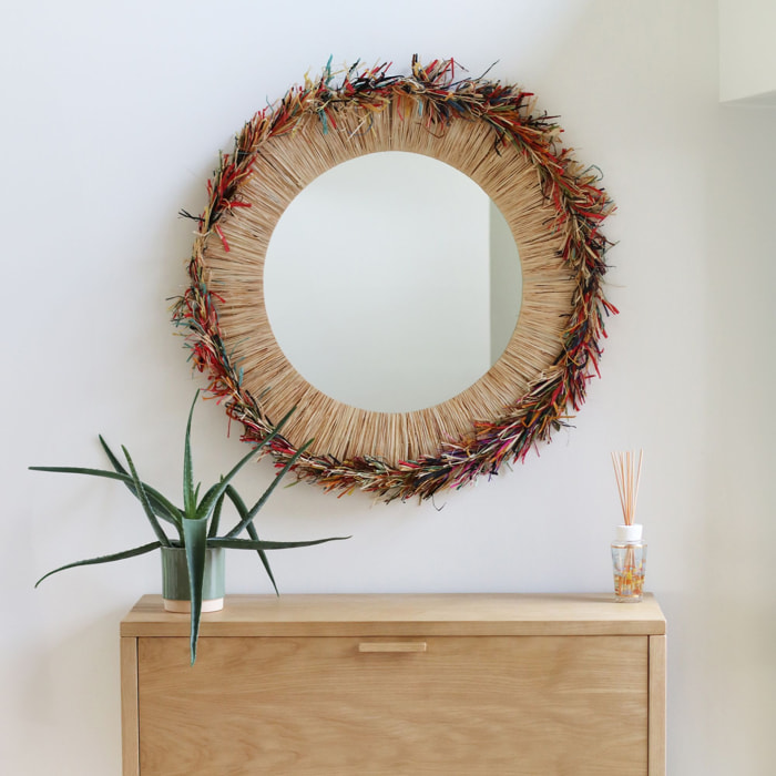 MIROIR ROND EN RAPHIA NATUREL AVEC FRANGES COLORÉES D86CM BELAGA