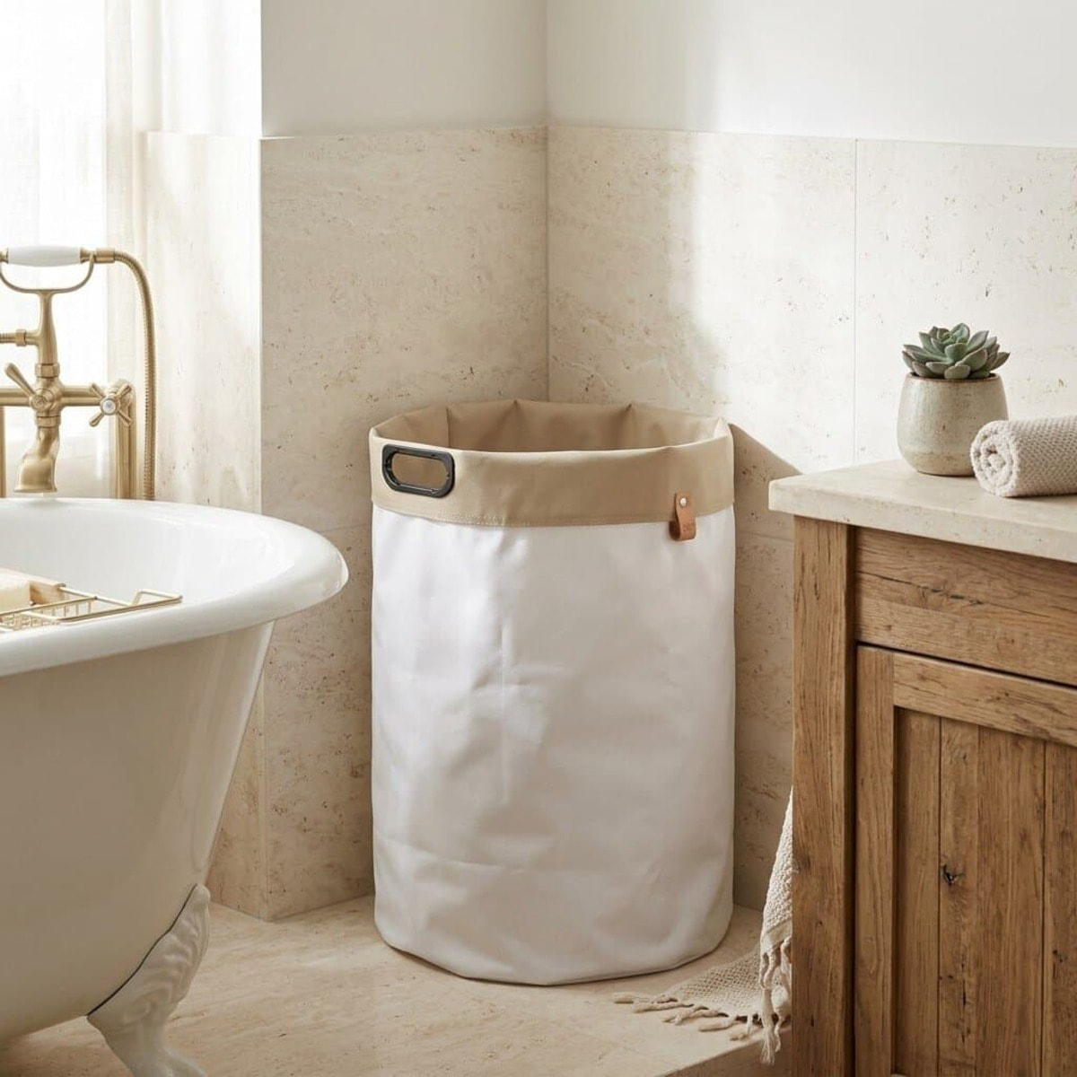 35x60x35 cm panier à linge réversible 73,5 L, polyester, blanc/beige (SATDKOSBBE)