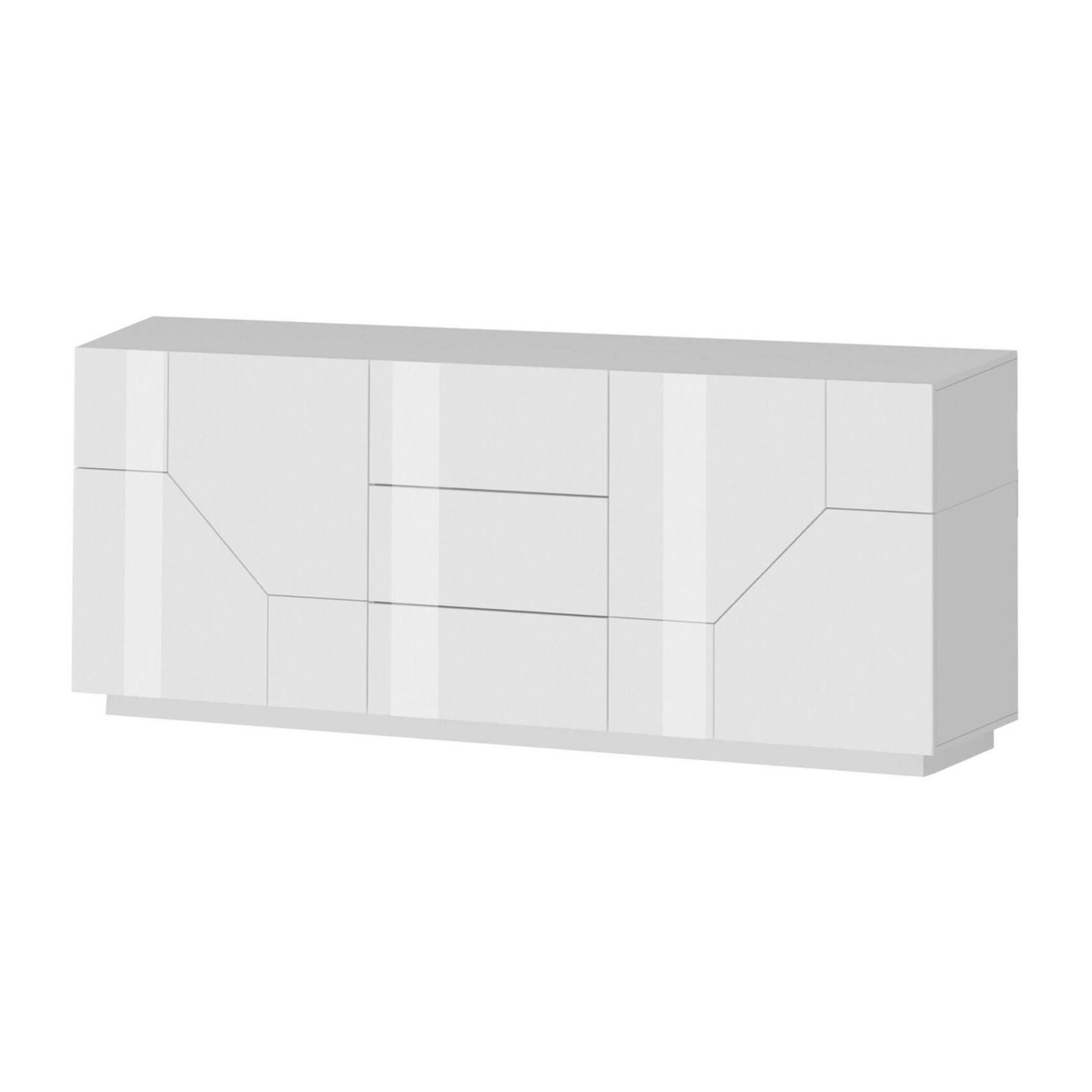 Credenza moderna a 4 ante geometriche e 3 cassetti, Made in Italy, Madia da cucina, Buffet di design da soggiorno, Cm 220x43h86, Bianco lucido