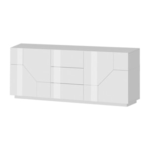 Credenza moderna a 4 ante geometriche e 3 cassetti, Made in Italy, Madia da cucina, Buffet di design da soggiorno, Cm 220x43h86, Bianco lucido