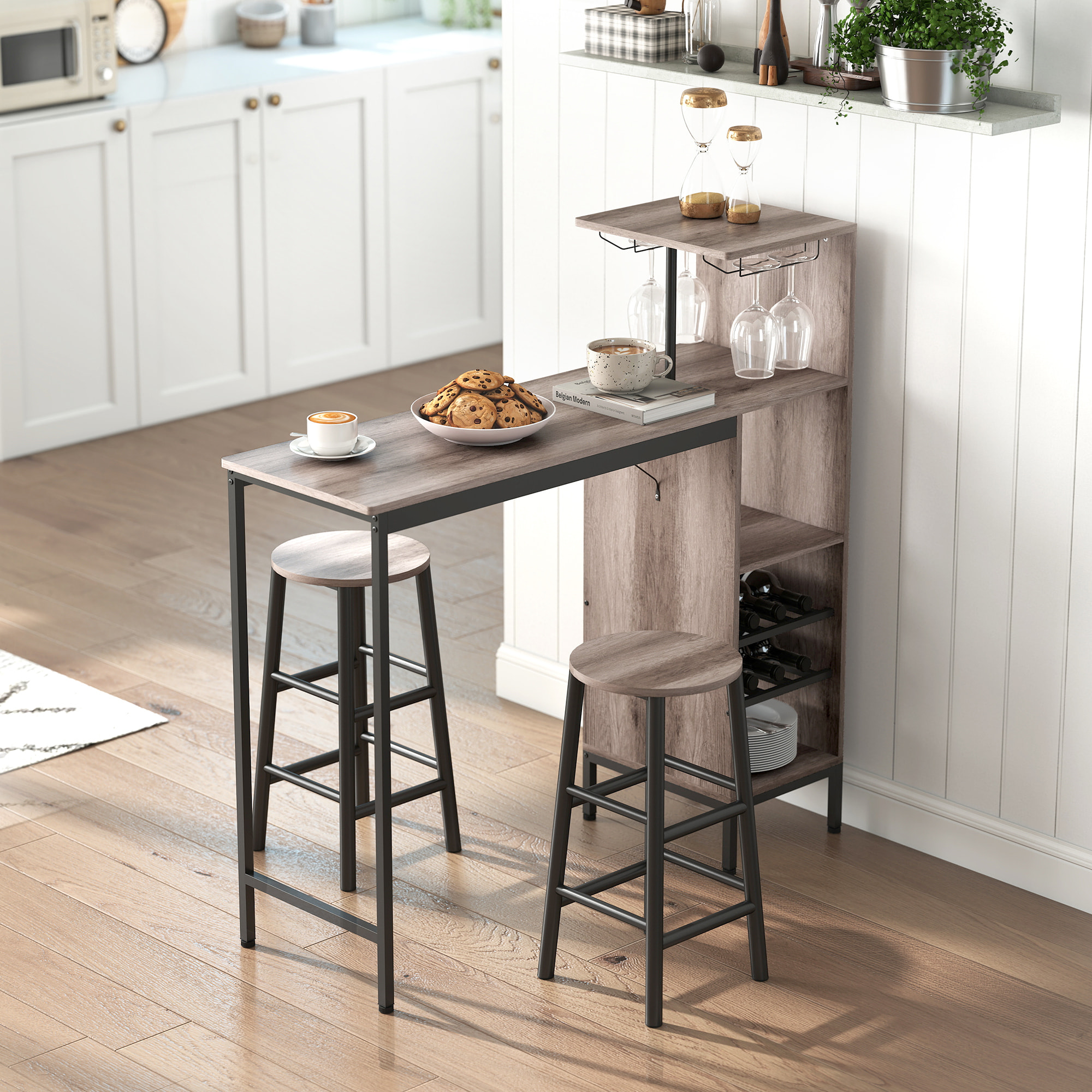 Ensemble bar multi-rangement 2 tabourets métal noir effet bois naturel