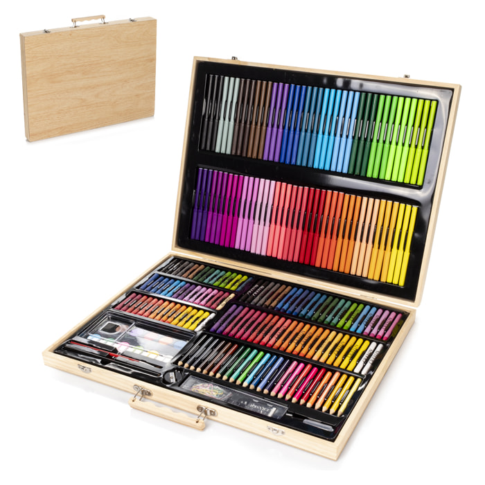 Maletín madera  bellas artes completo de pintura y dibujo 180 piezas oleo,acuarelas, ceras,rotuladores, pastel y lapices con accesorios.
