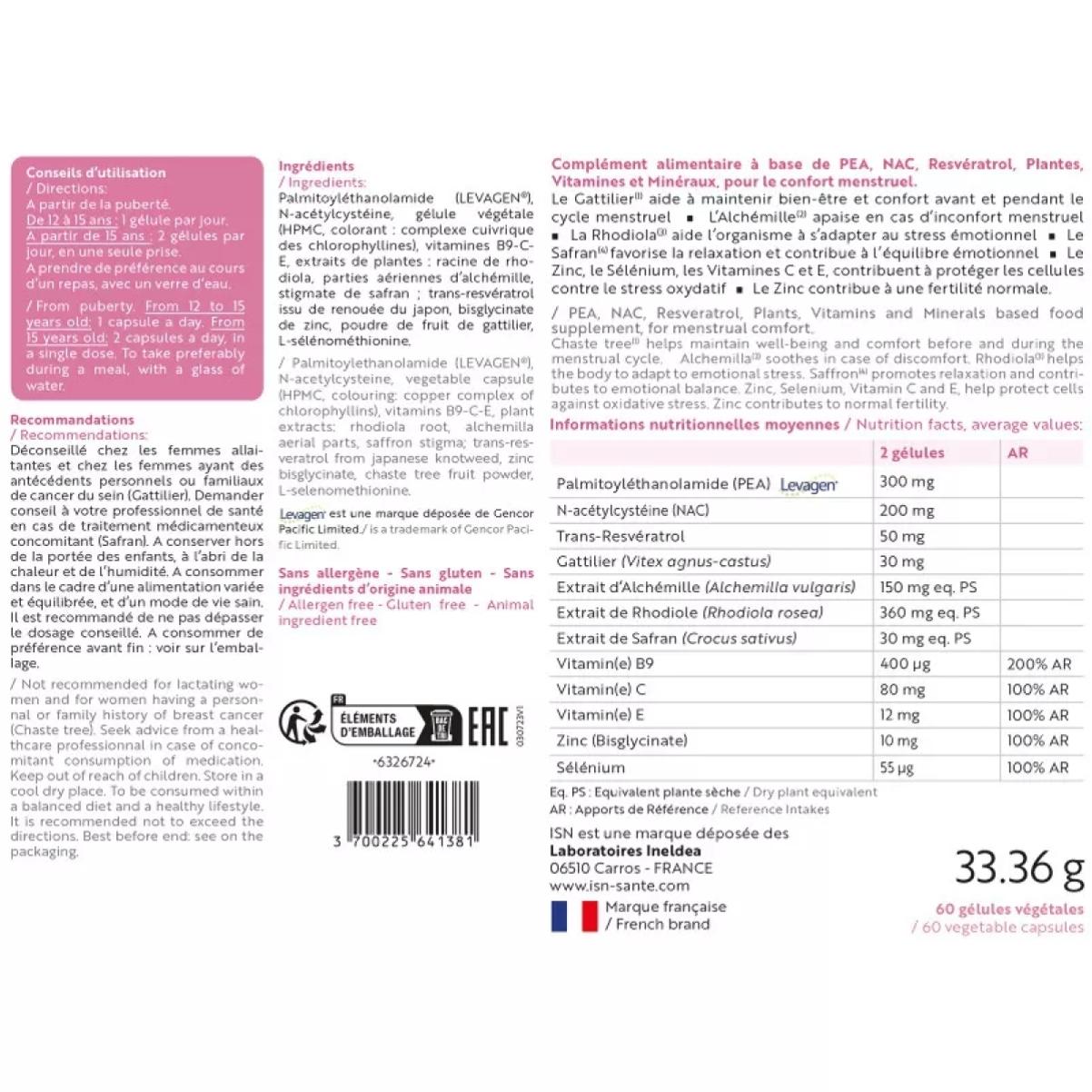 INELDEA SANTE NATURELLE - Endomelia - Complément alimentaire à base de PEA, NAC, Resvératrol, Plantes, Vitamines & Minéraux - Favorise le confort menstruel - Cure 30j