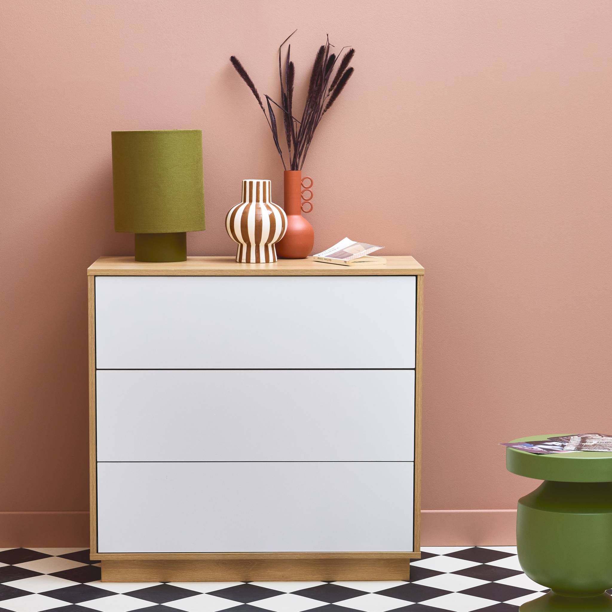 Commode de rangement 3 tiroirs effet bois bicolore