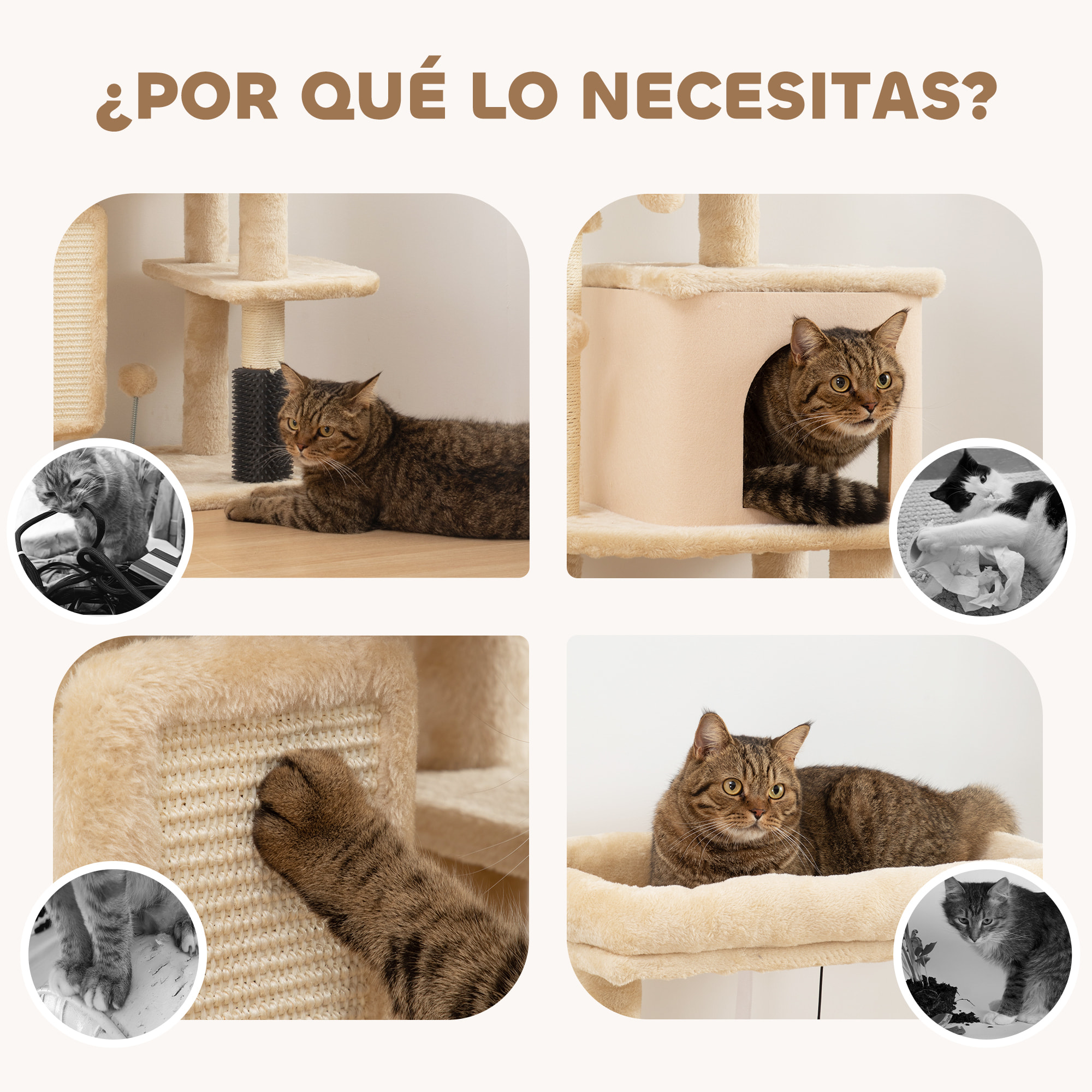 Árbol Rascador para Gatos Altura 104 cm Árbol para Gatos Torre para Gatos con Plataformas Poste con Cepillo Bolas Colgantes y Almohadilla para Rascar Beige