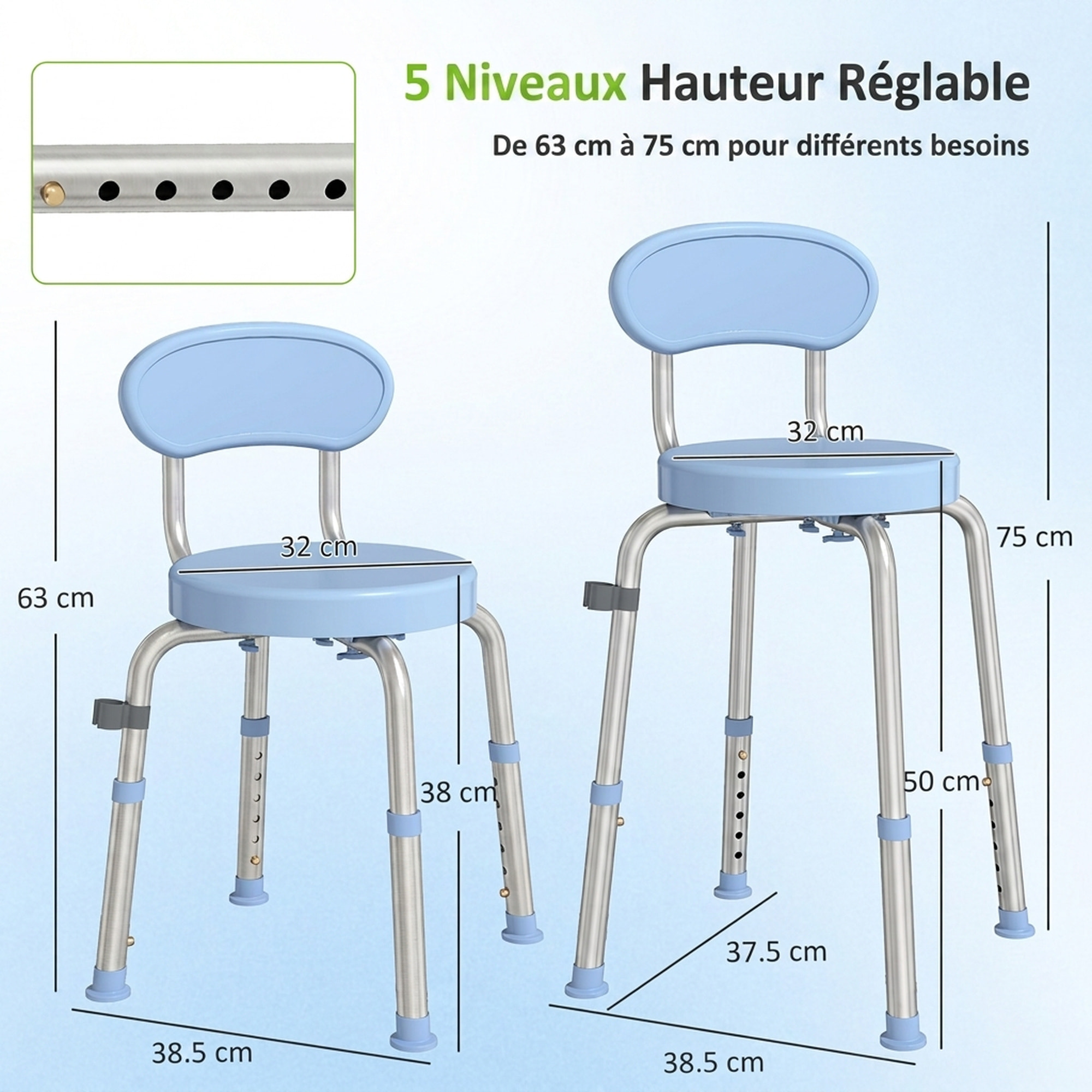 Tabouret de douche réglable pivotant alu PP bleu clair