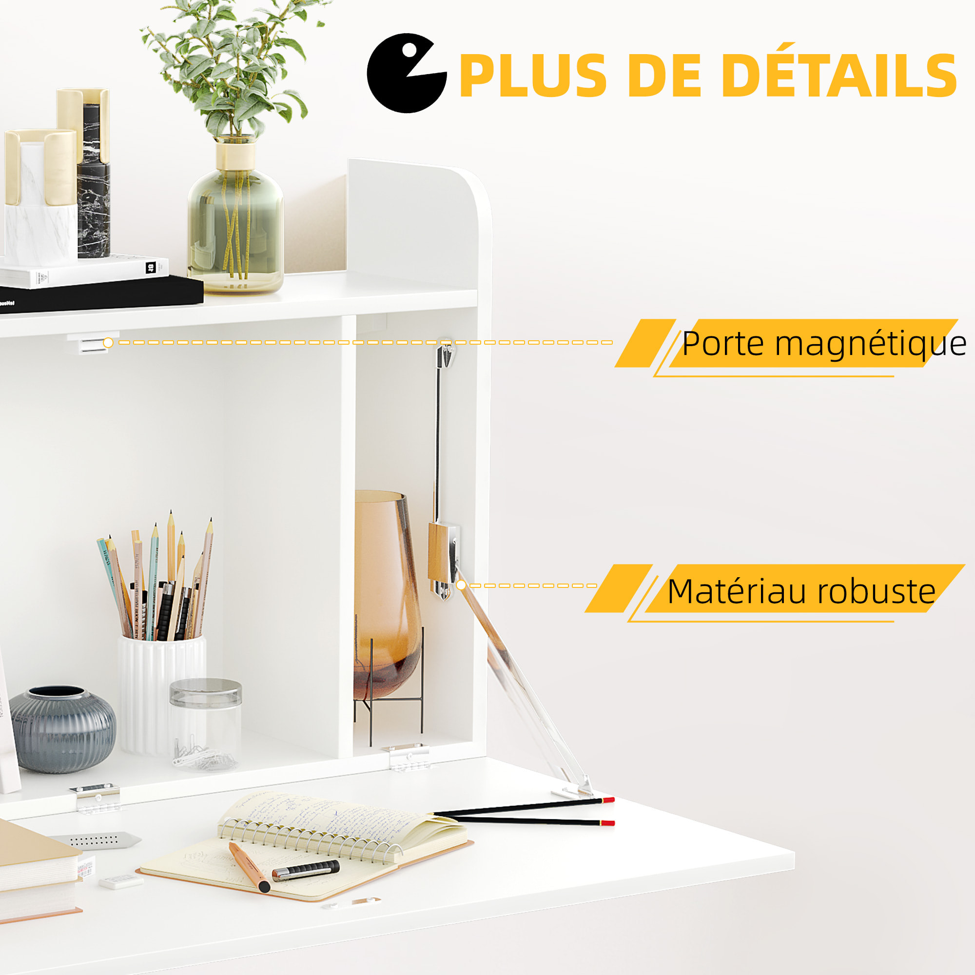 Bureau mural pliable - table murale rabattable - 5 niches, étagère - panneaux particules blanc