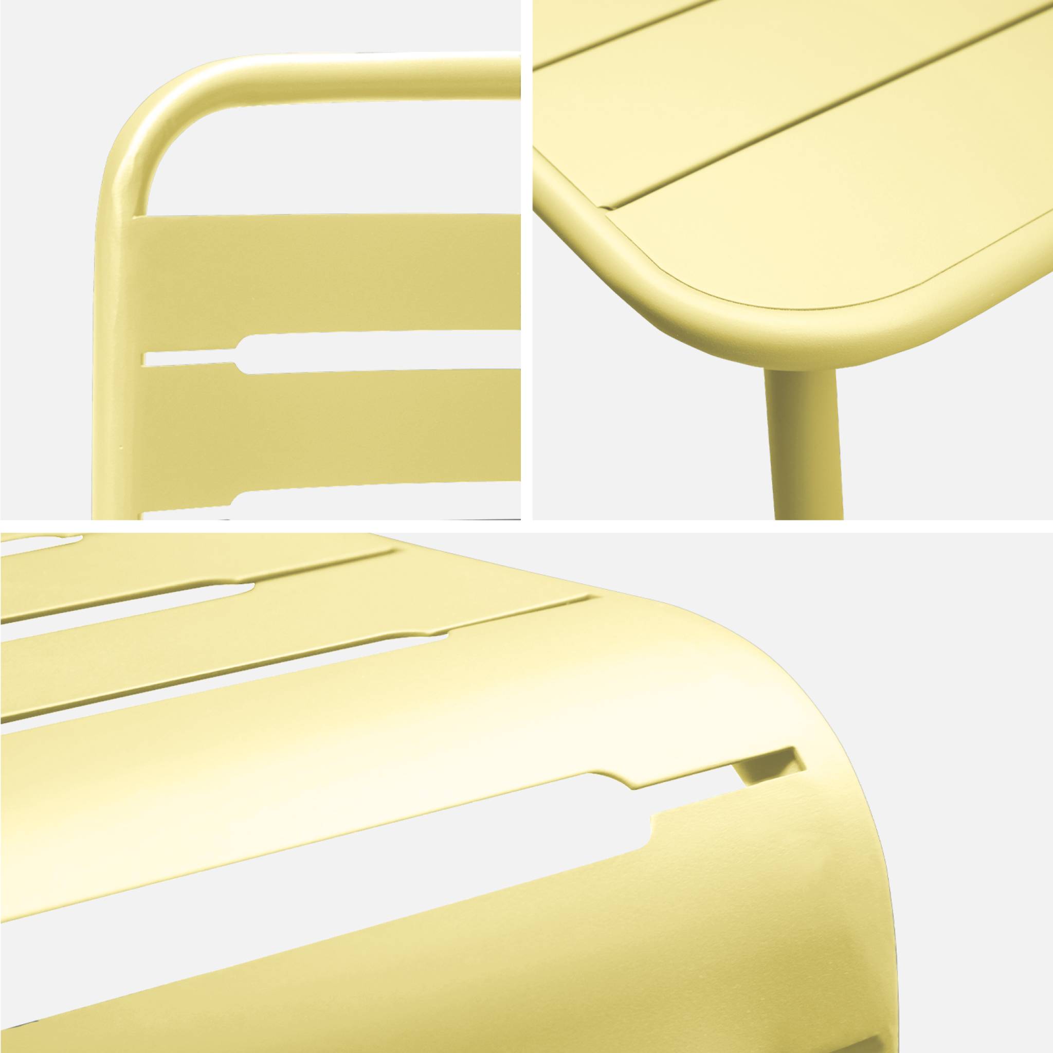 Table de jardin métal + 8 assises jaune traitement antirouille. lattes et bords arrondis