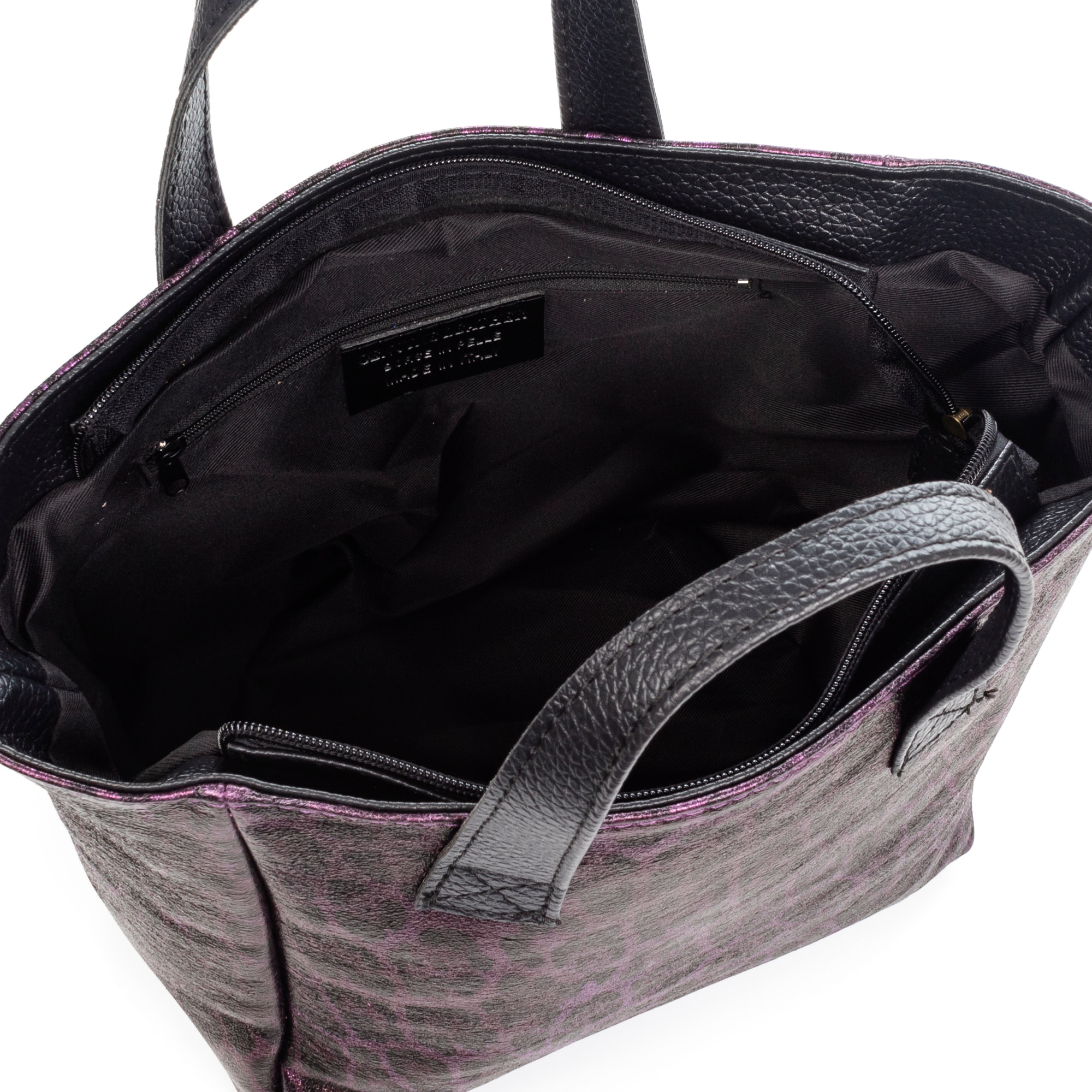 Cassandra bolso tote mujer. Piel auténtica Gamuza, animal print leopardo, lacado brillante.