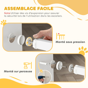 Barrière de sécurité pour chien extensible 74-100 cm, barrière d'escalier à fixation par pression sans percer, double verrouillage, fermeture automatique, hauteur 94 cm, blanc