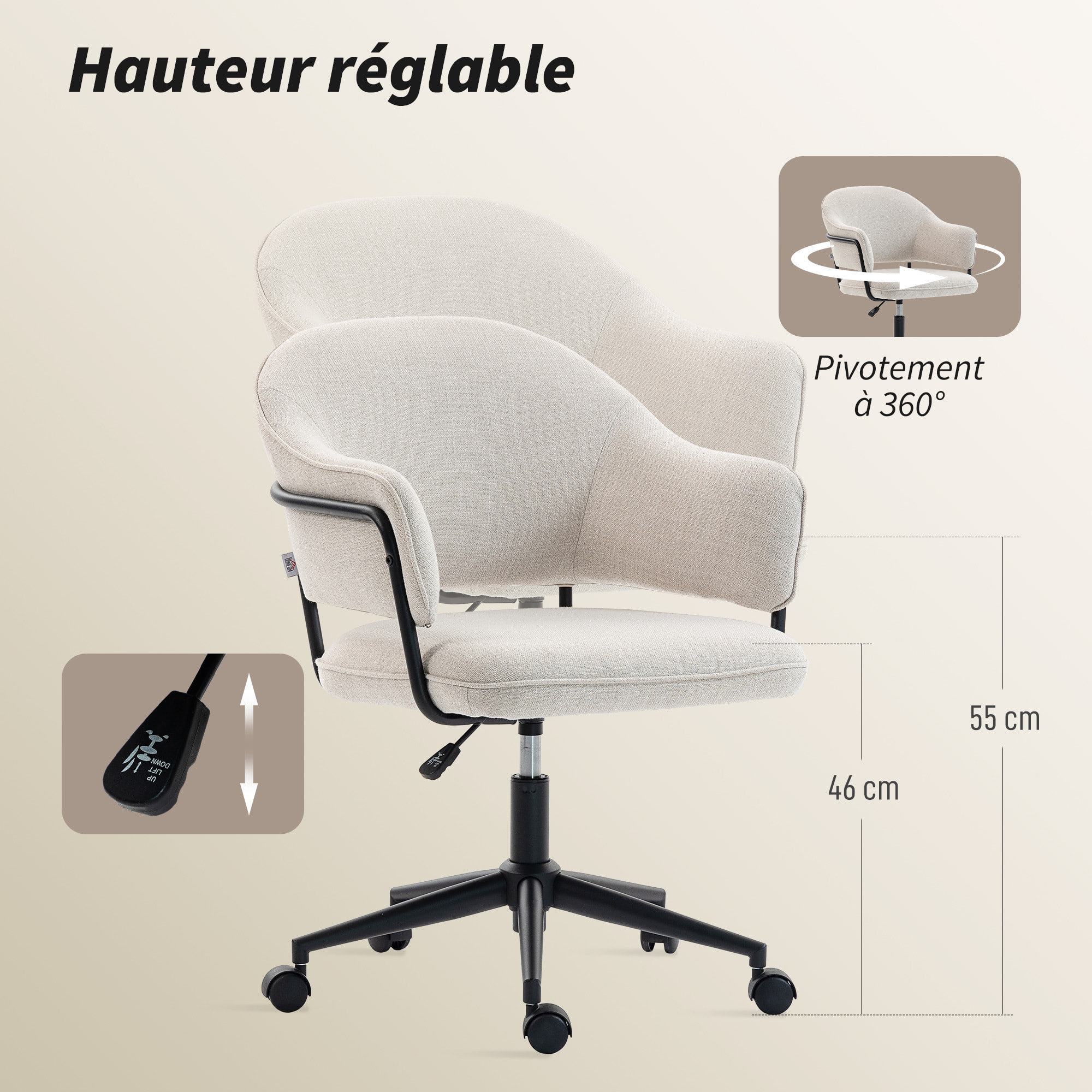Chaise de bureau design ergonomique réglable dossier enveloppant ajouré métal noir tissu beige