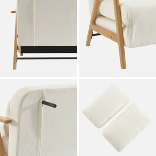 Banquette canapé convertible 2 places bois d'hévéa et bouclette texturée crème L 133 x P 81 x 84cm - Sven