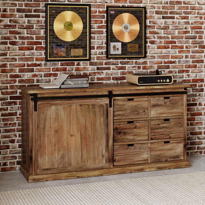 Buffet en bois recyclé, 6 tiroirs et 1 porte coulissante - Sari